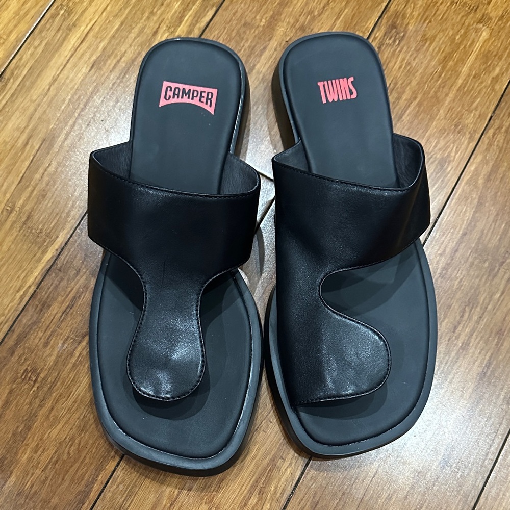 Camper Twins Black Leather Slide Sandals